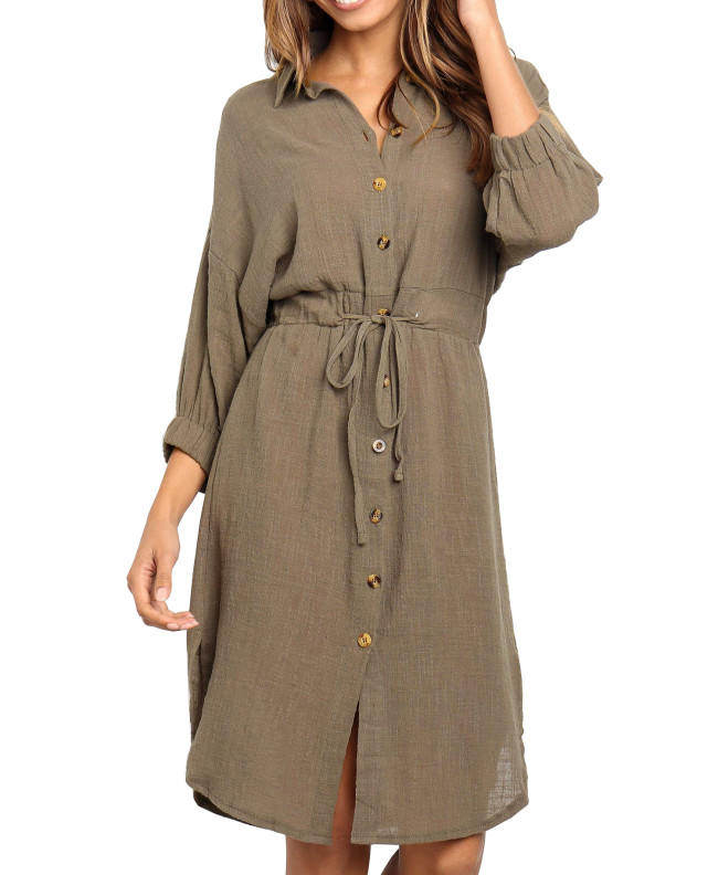 R.Vivimos Women's Summer 3/4 Sleeve Linen Button Down Casual Knee Length Dress with Tie Waist