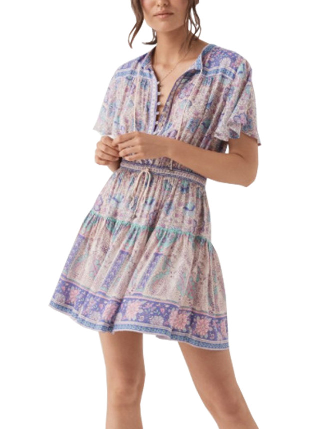 R.Vivimos Women Summer Short Sleeve Cotton Floral Print Button Up Waist Tie Short Dress