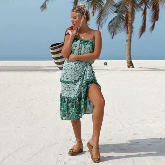 R.Vivimos Women's Summer Spaghetti Straps Print Casual Long Dresses
