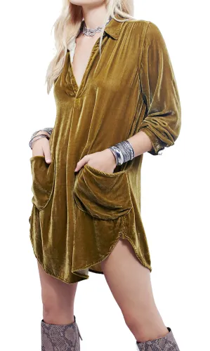 R.Vivimos Womens Velvet Long Sleeve Pocket Casual Mini Shirt Dress