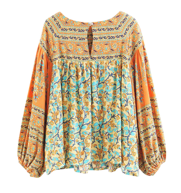 R.Vivimos Women's Autumn Long Sleeve Cotton Floral Print Casual Loose Tops Boho Blouses Shirts