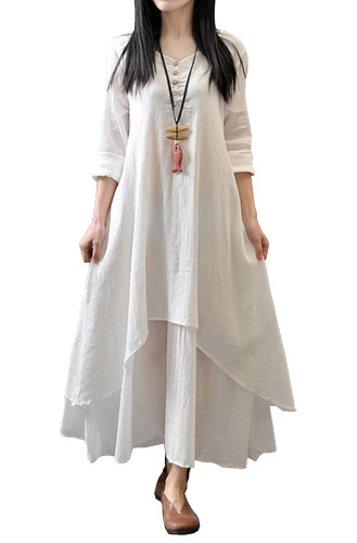 R.Vivimos Women Long Sleeve Cotton Casual Loose Plus Size Irregular Long Dresses