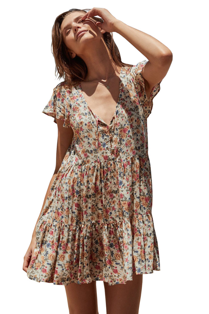 R.Vivimos Women Summer Short Sleeve Cotton Floral Print Button Up Casual Loose Beach Boho Short Dress