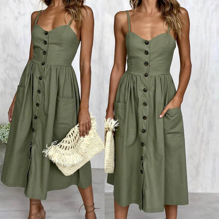 R.Vivimos Women Summer Cotton Spaghetti Strap Button Up Sexy Backless Midi Dress with Pockets