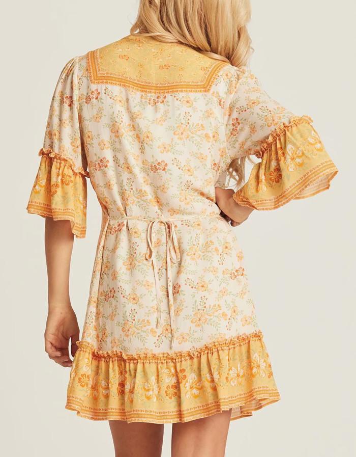 R.Vivimos Women's Summer Cotton Half Sleeve Ruffles V Neck Floral Print Tunic Dress