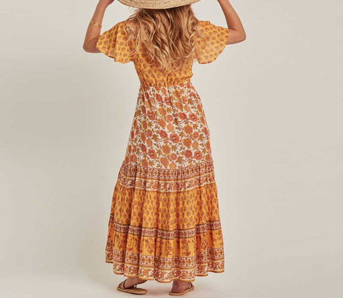R.Vivimos Women's Short Sleeve Floral Print Summer Dress Casual Boho Midi A Line Dress