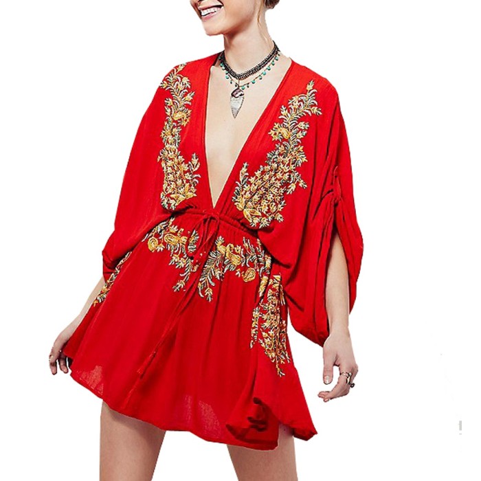 R.Vivimos Women's Summer Bat Sleeves Vintage Floral Embroidered Deep V Neck Cotton Boho Swing Short Dress