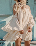 R.Vivimos Women's Cotton Long Sleeve V Neck Cold Shoulder Casual Ruffles Loose Short Dresses