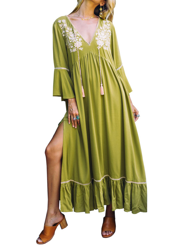 US$ 36.99 - R.Vivimos Womens Casual Dresses V Neck Floral Embroidered Bell Sleeve Beach Style 