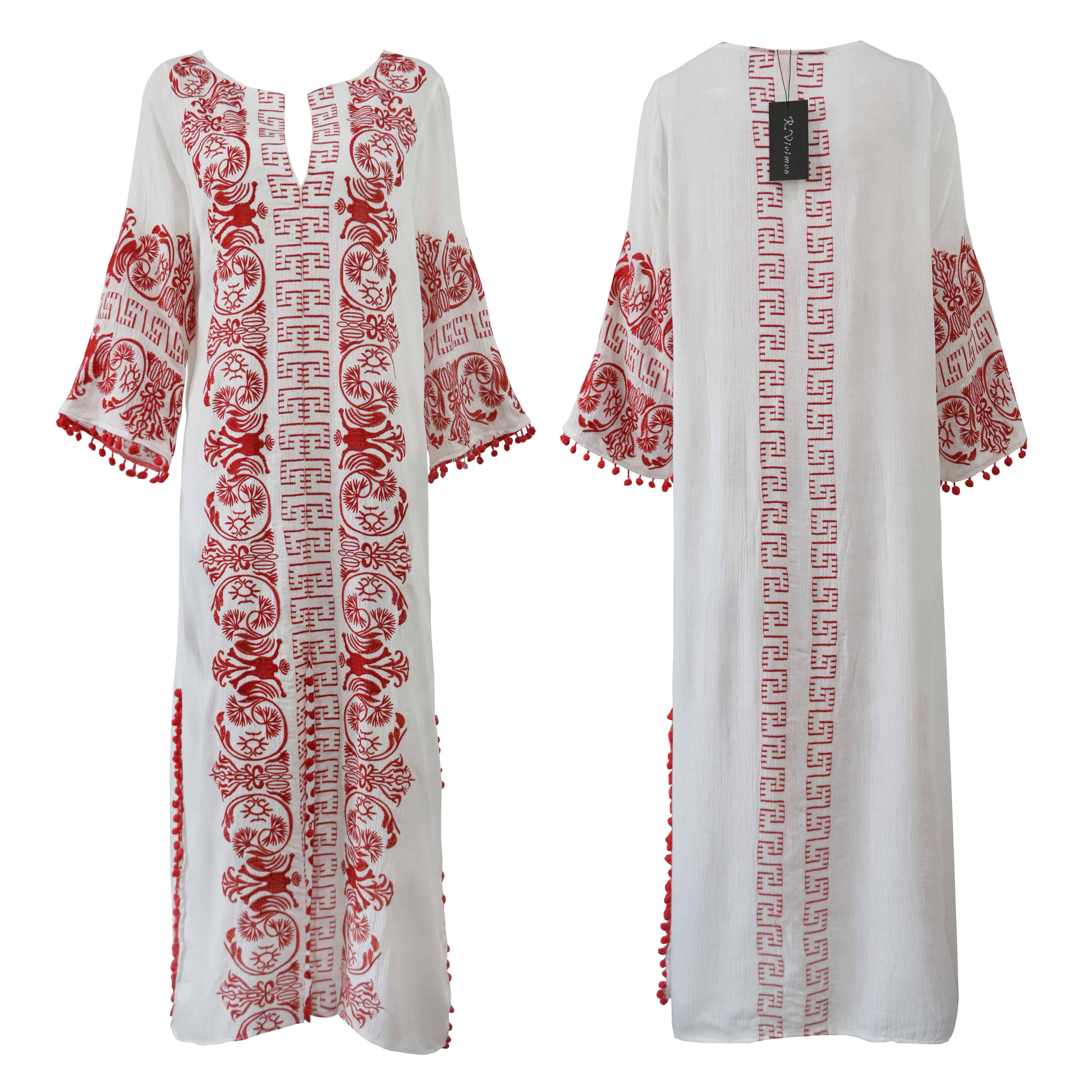 R.Vivimos Women Half Sleeve V Neck Tassel Cotton Vintage Embroidered Slit Casual Long Dress4