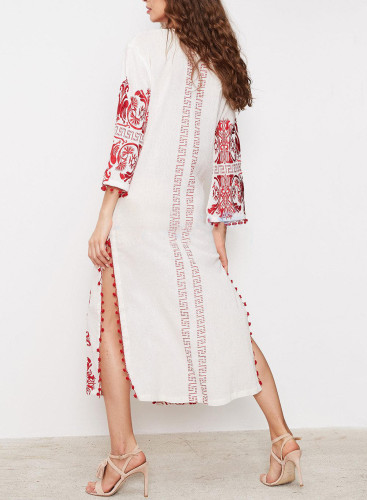 R.Vivimos Women Half Sleeve V Neck Tassel Cotton Vintage Embroidered Slit Casual Long Dress