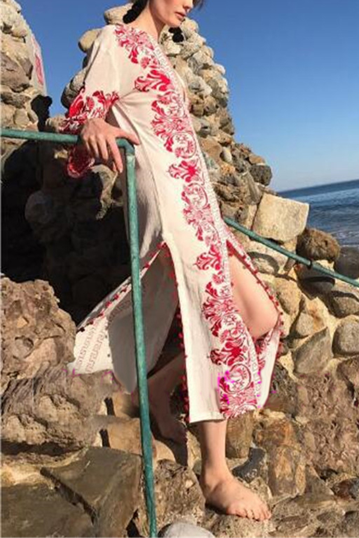 R.Vivimos Women Half Sleeve V Neck Tassel Cotton Vintage Embroidered Slit Casual Long Dress3