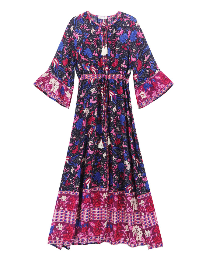 R.Vivimos Women's Summer Cotton Vintage Floral Half Sleeve Flowy Midi Dress