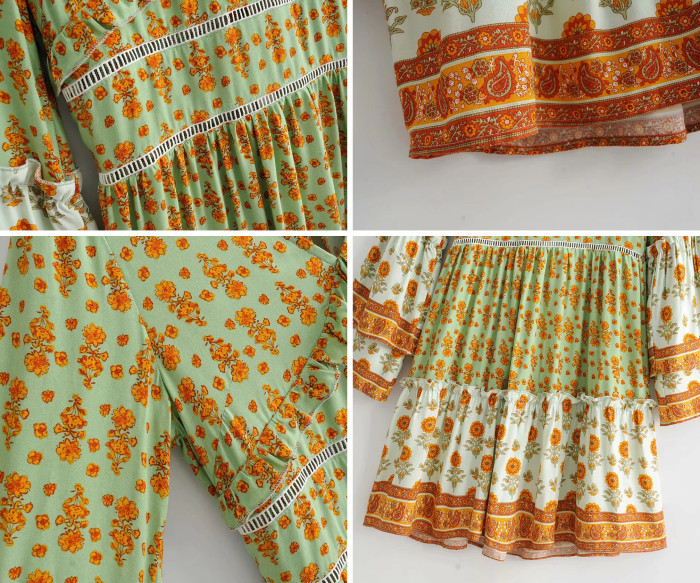 R.Vivimos Women's Summer 3/4 Sleeve Cotton V Neck Floral Print Ruffles Mini Dress