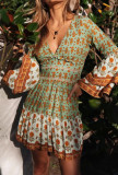 R.Vivimos Women's Summer 3/4 Sleeve Cotton V Neck Floral Print Ruffles Mini Dress