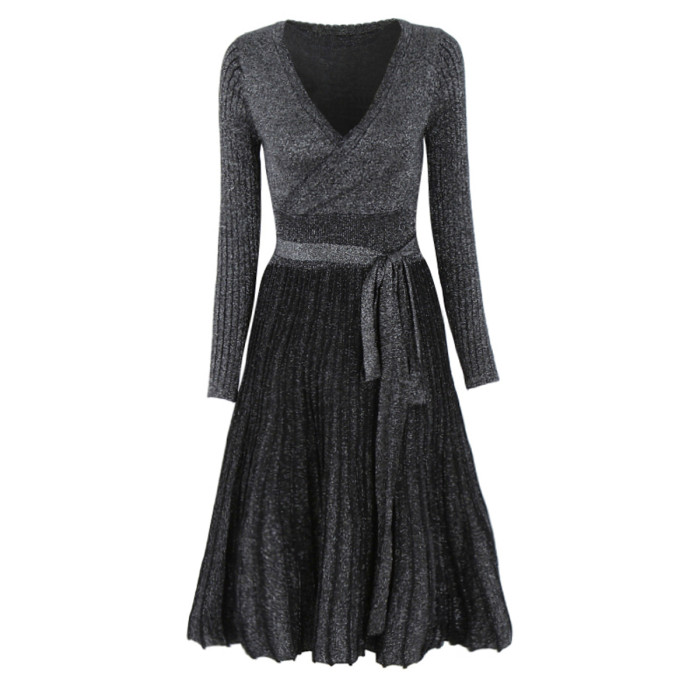 R.Vivimos Women's Autumn Long Sleeve V Neck Elegant Knitted Slim Knee-Length A-Line Sweater Dress