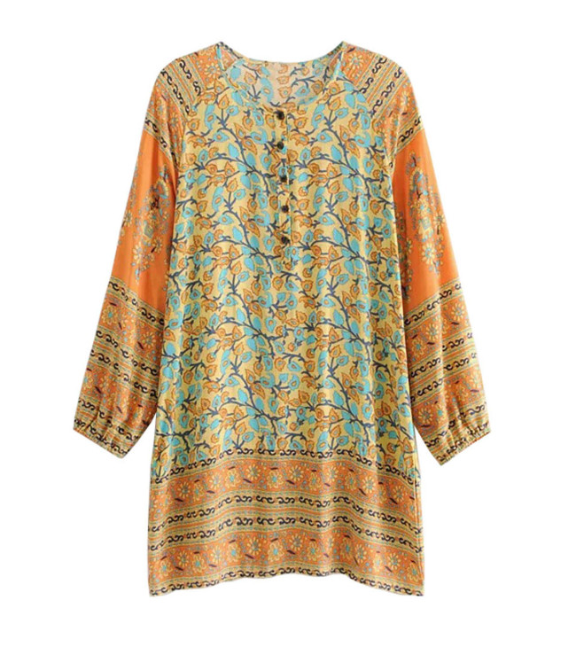 R.Vivimos Women Autumn Long Sleeve Cotton Buttons Floral Print Boho Tunic Dresses