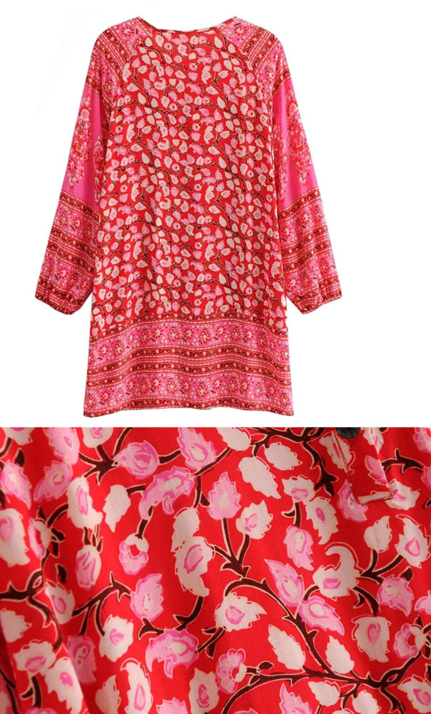 R.Vivimos Women Autumn Long Sleeve Cotton Buttons Floral Print Boho Tunic Dresses