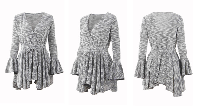 R.Vivimos Women Flare Sleeve Deep V Neck Asymmetrical Knitted Sweater Mini Dresses