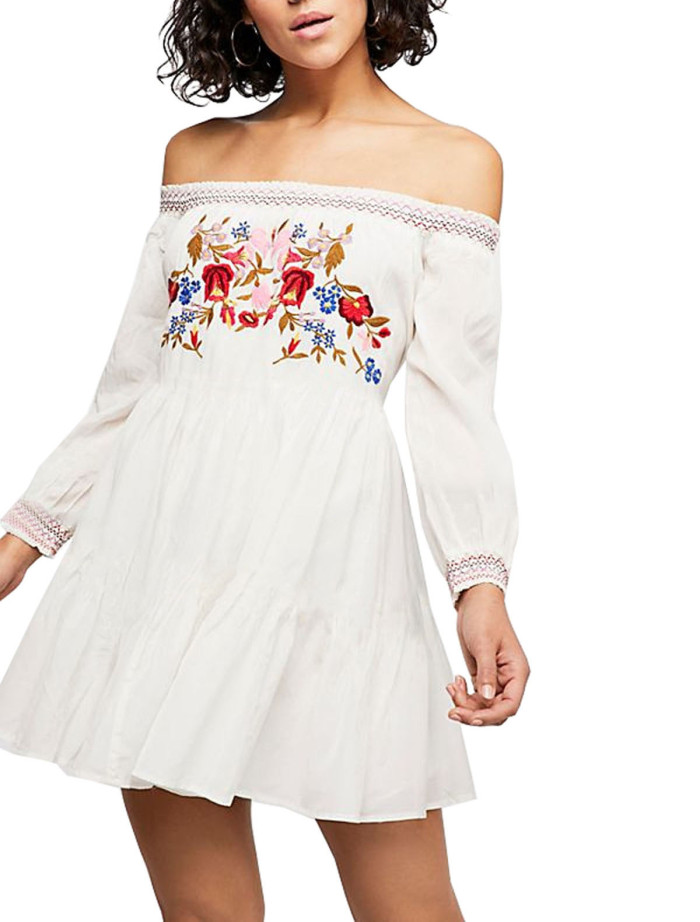 R.Vivimos Women's Long Sleeve Cotton Off Shoulder Floral Embroidery Casual Swing Short Dresses