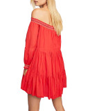 R.Vivimos Women's Long Sleeve Cotton Off Shoulder Floral Embroidery Casual Swing Short Dresses