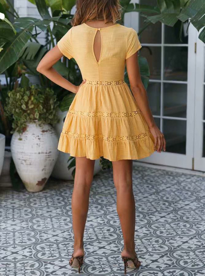 R.Vivimos Women's Summer Short Sleeve V Neck Stitching Swing A Line Mini Dress