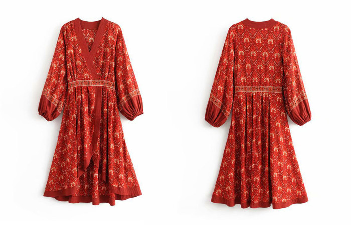 R.Vivimos Women's Long Sleeve Vintage Floral Print High Low Asymmetric A-Line Dresses