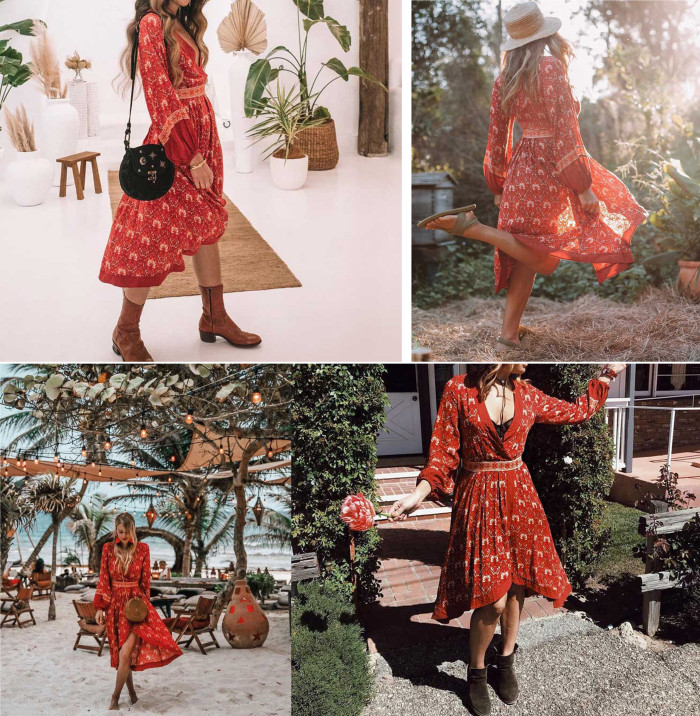 R.Vivimos Women's Long Sleeve Vintage Floral Print High Low Asymmetric A-Line Dresses