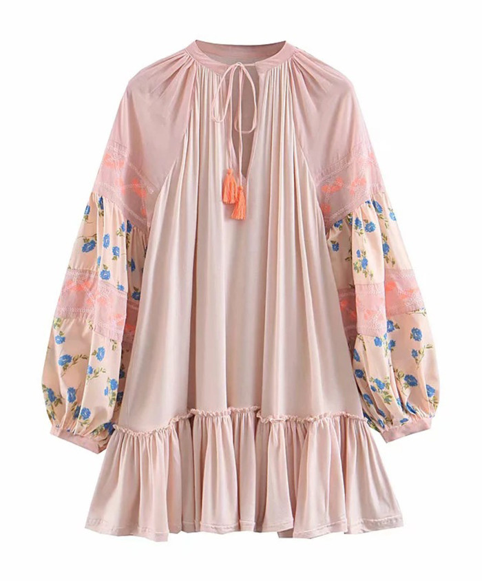 R.Vivimos Women's Autumn Cotton Long Sleeve Ruffles Embroidery Mini Short Dress