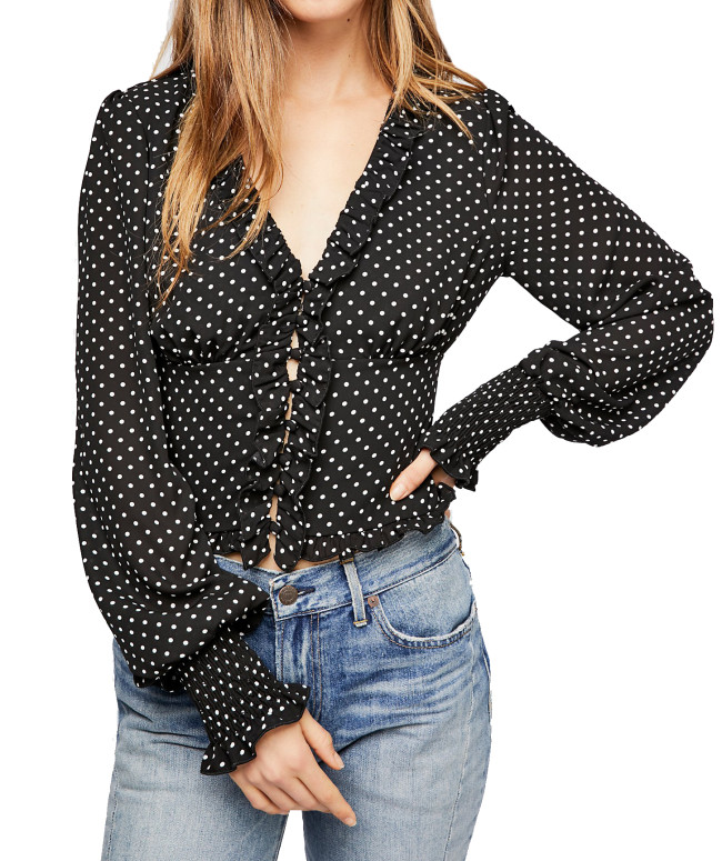 R.Vivimos Women's Chiffon Polka Dot Blouse Ruffle Lantern Sleeve Vintage Buttons Shirt Tops