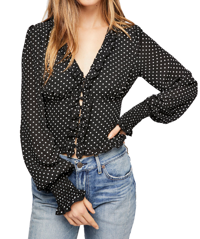 R.Vivimos Women's Chiffon Polka Dot Blouse Ruffle Lantern Sleeve Vintage Buttons Shirt Tops