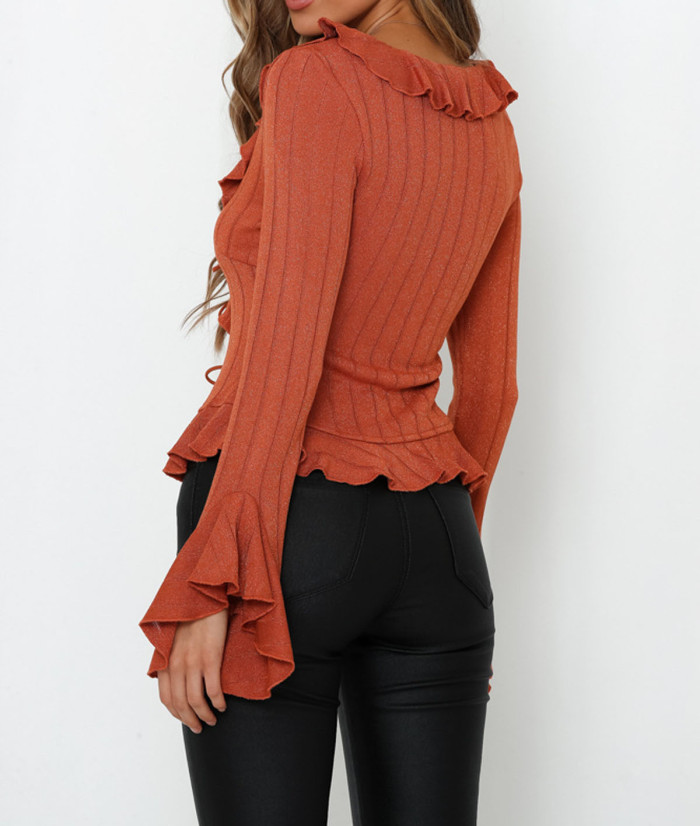 R.Vivimos Women's Fall Long Sleeve Ruffles Cardigan Knitted Sweater Tops