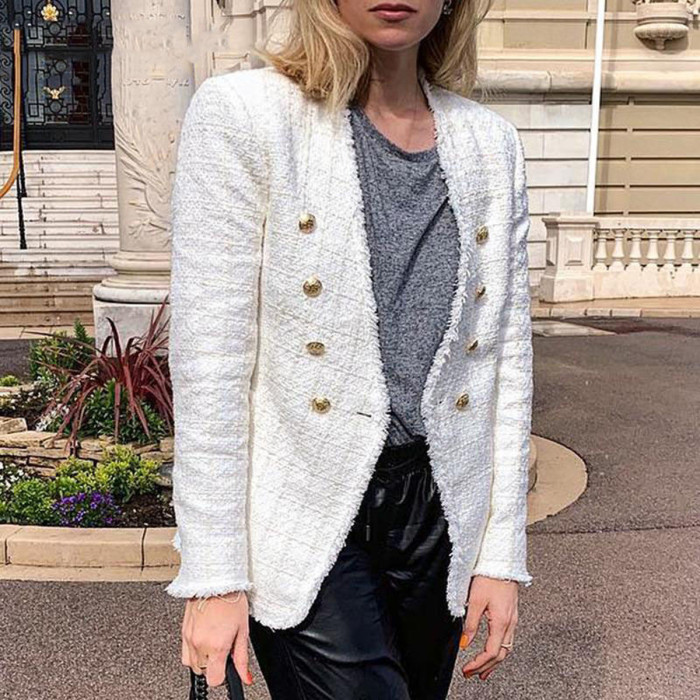 R.Vivimos Women's Fall Long Sleeve Casual Outerwear Wool Blends Tweed Blazer Coat