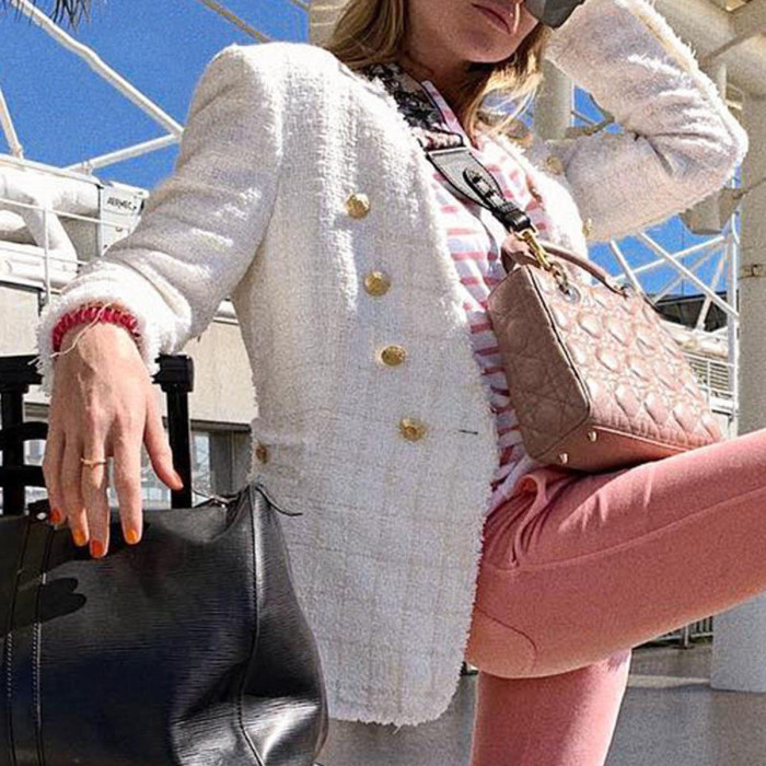 R.Vivimos Women's Fall Long Sleeve Casual Outerwear Wool Blends Tweed Blazer Coat