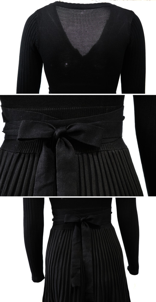 R.Vivimos Women's Autumn Long Sleeve V Neck Elegant Knitted Slim Knee-Length A-Line Sweater Dress