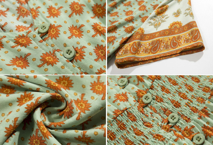 R.Vivimos Women's Summer Short Sleeve Cotton Print Button Up Bohemian Midi Dress