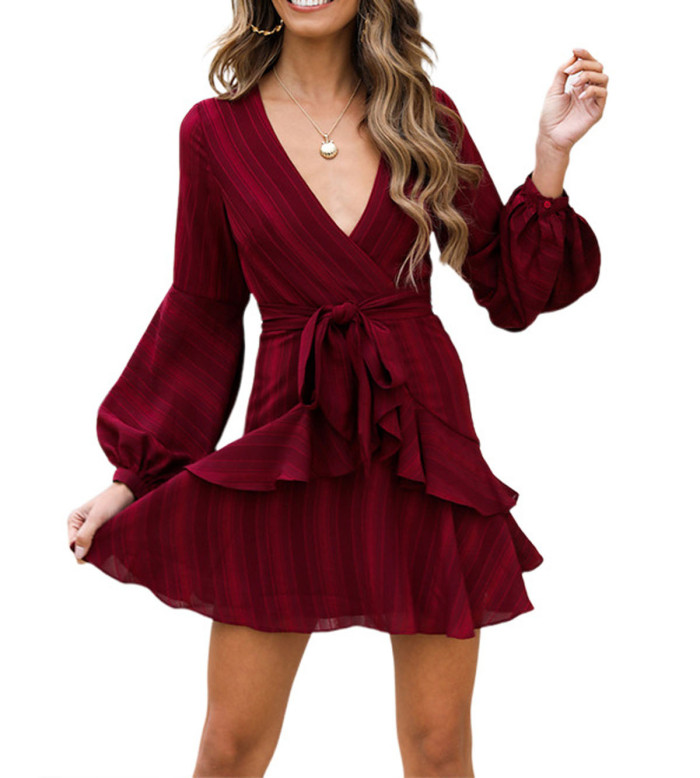 R.Vivimos Women's Autumn Long Sleeve Deep V Neck Chiffon Ruffles Mini Dress