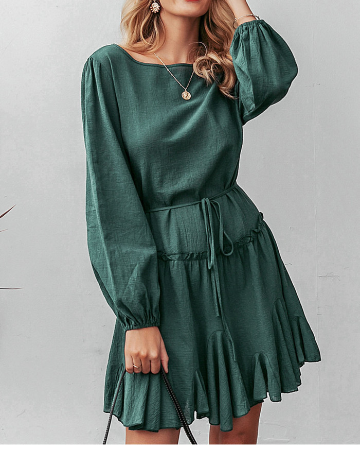 R.Vivimos Women's Autumn Long Sleeve Cotton Ruffle Swing Mini Dress