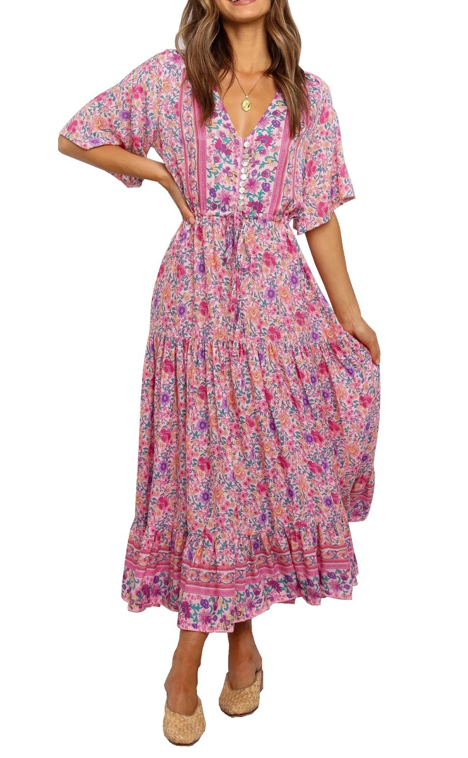 R.Vivimos Womens Summer Floral Print Cotton Short Sleeve Flowy Dress