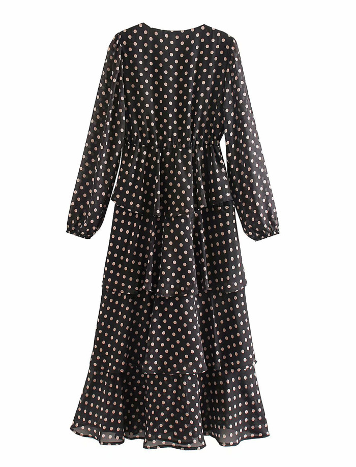 R.Vivimos Women's Long Sleeve V Neck Chiffon Polka Dot Layered Midi Dress