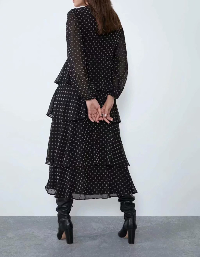 R.Vivimos Women's Long Sleeve V Neck Chiffon Polka Dot Layered Midi Dress