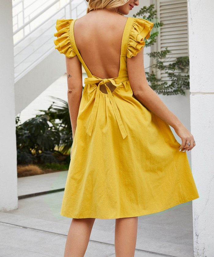 R.Vivimos Womens Summer Cotton Ruffled Backless Knee-Length Dress