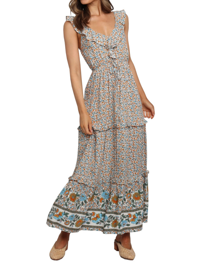 R.Vivimos Womens Summer Floral Print Cotton V Neck Ruffled Backless Dress