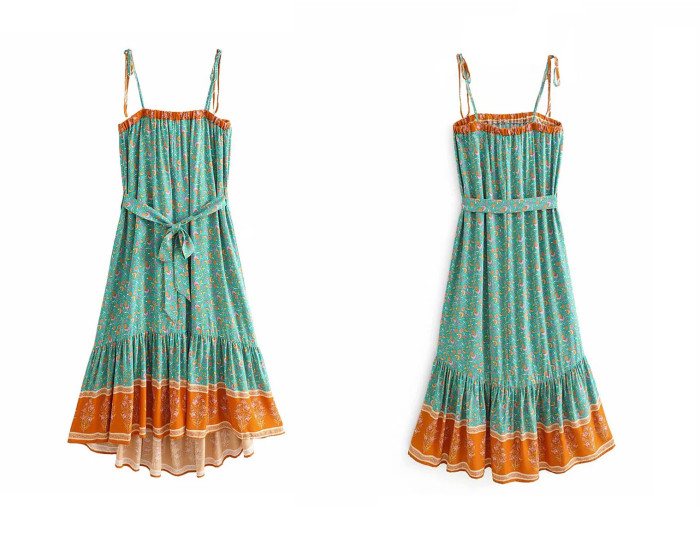 R.Vivimos Womens Summer Floral Print Boho Spaghetti Straps High Low Midi Dress
