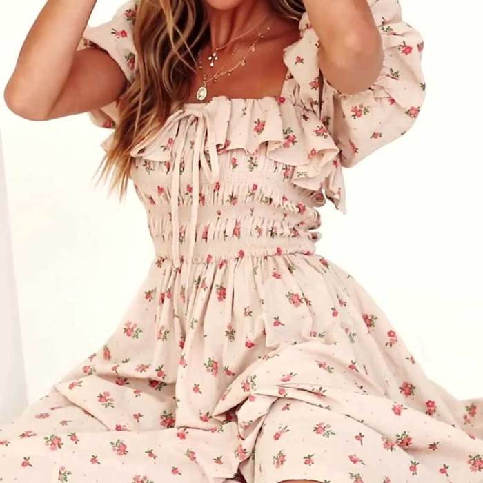 R.Vivimos Womens Summer Floral Print Puff Sleeves Vintage Ruffles Midi Dress