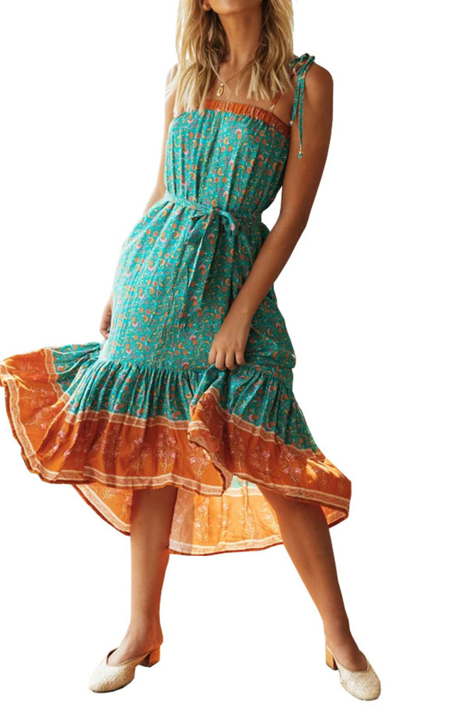R.Vivimos Womens Summer Floral Print Boho Spaghetti Straps High Low Midi Dress