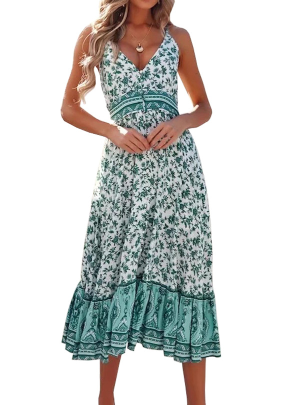 R.Vivimos Womens Summer Floral Long Boho Dress Spaghetti Straps Buttons Midi Dress