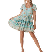 R.Vivimos Womens Summer Cotton Short Sleeve Floral Print Button-up Ruffles Mini Dress