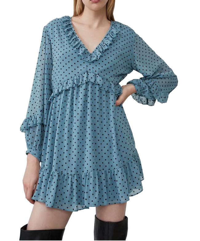 R.Vivimos Women's Long Sleeve Polka Dot Ruffles V-Neck Chiffon Mini Dress
