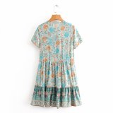 R.Vivimos Womens Summer Cotton Short Sleeve Floral Print Button-up Ruffles Mini Dress